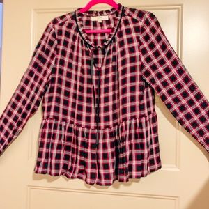 3/$20 - LOFT Plaid Peplum Tie-neck Blouse